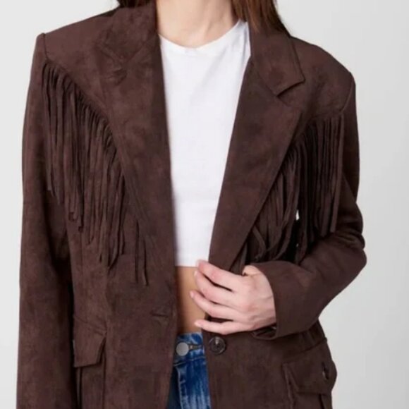 NWT Anthropologie BLANKNYC Brown front FRINGE BLAZER JACKET Western sz: L - Picture 1 of 11